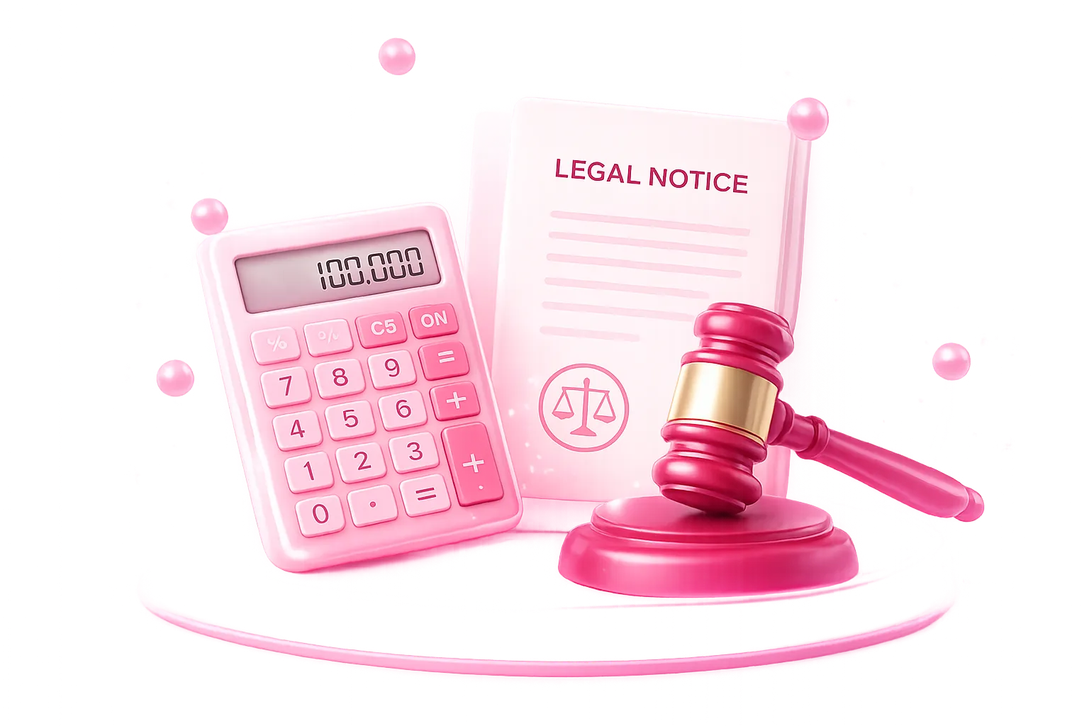A pink-themed arrangement of legal tools including a gavel, legal notice document, and calculator.