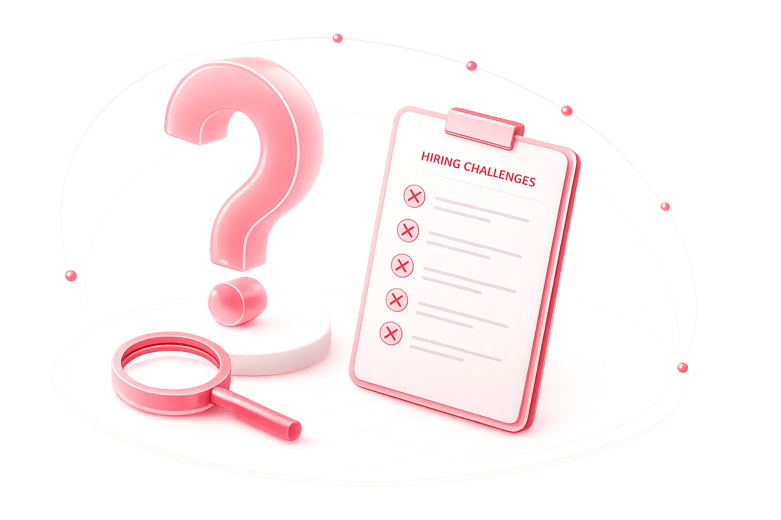 A checklist illustrating hiring challenges with a question mark and a magnifying glass.