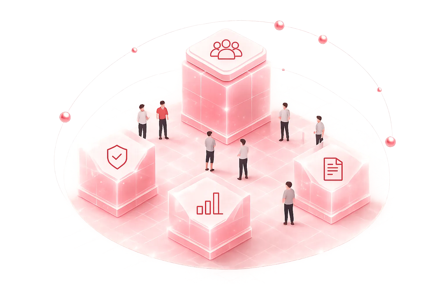 3D cubes representing teamwork and innovation with icons for collaboration, analytics, and documentation.