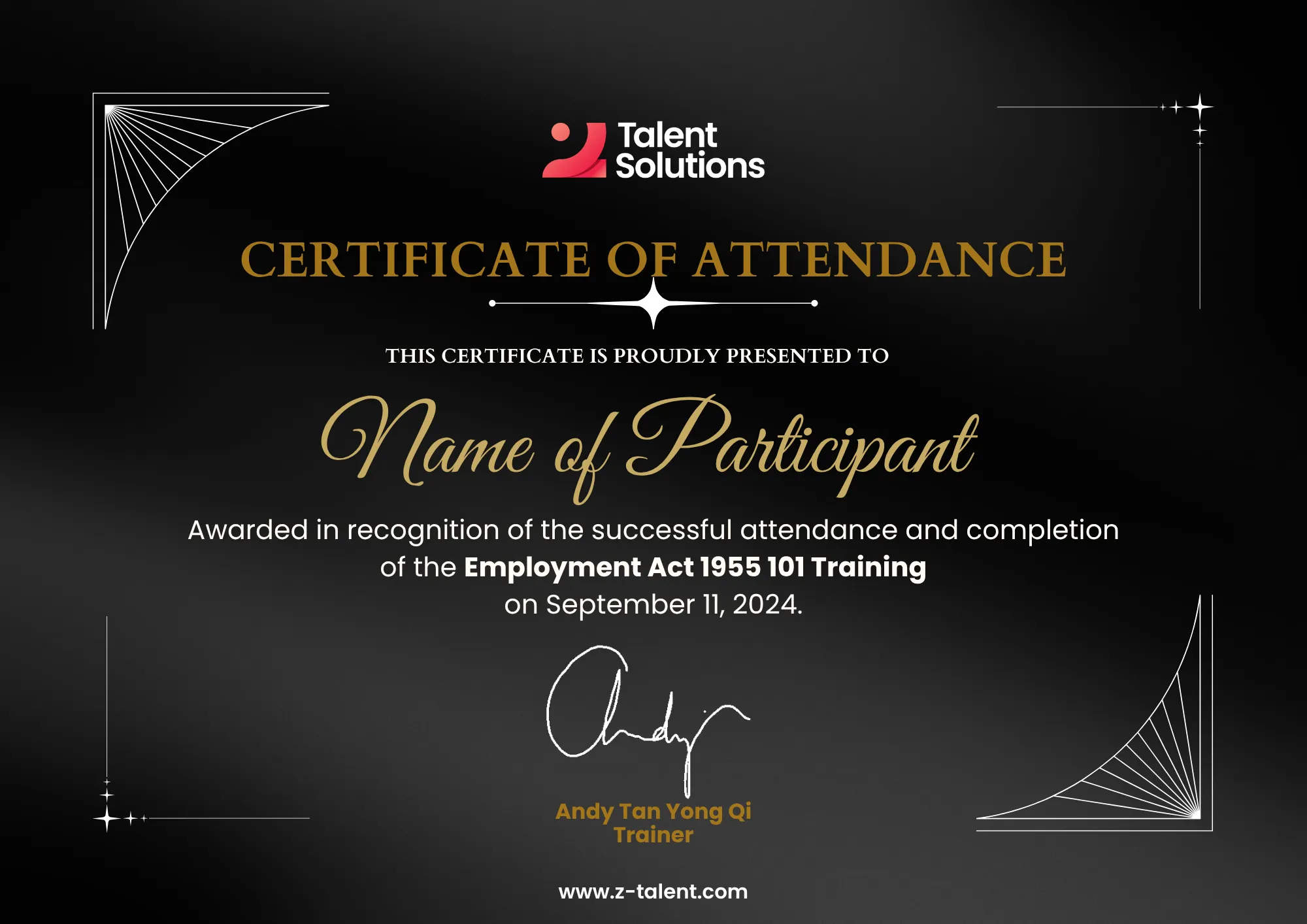 A certificate of attendance for the Employment Act 1955 training, featuring elegant design elements.