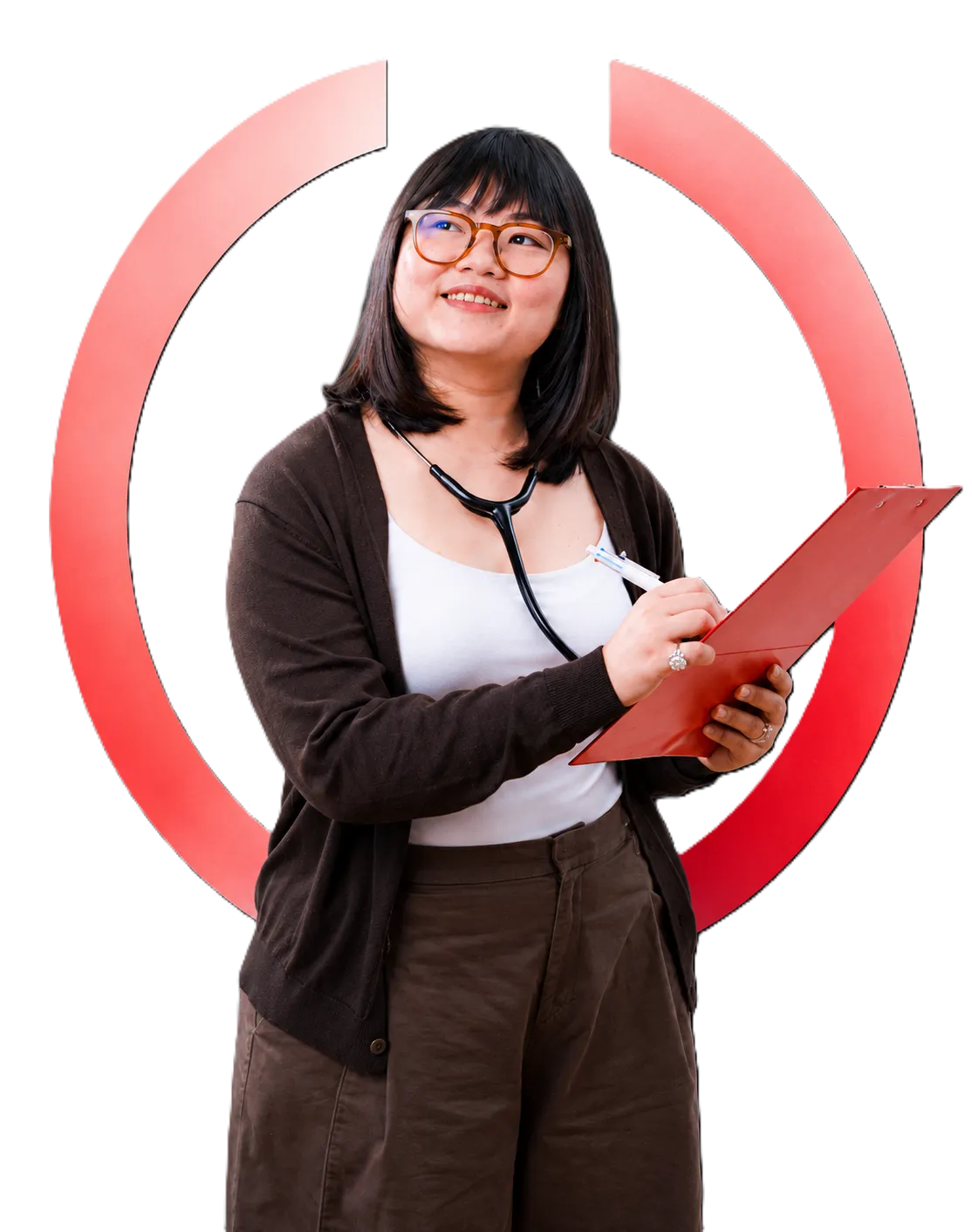 A confident professional standing with a clipboard, smiling.