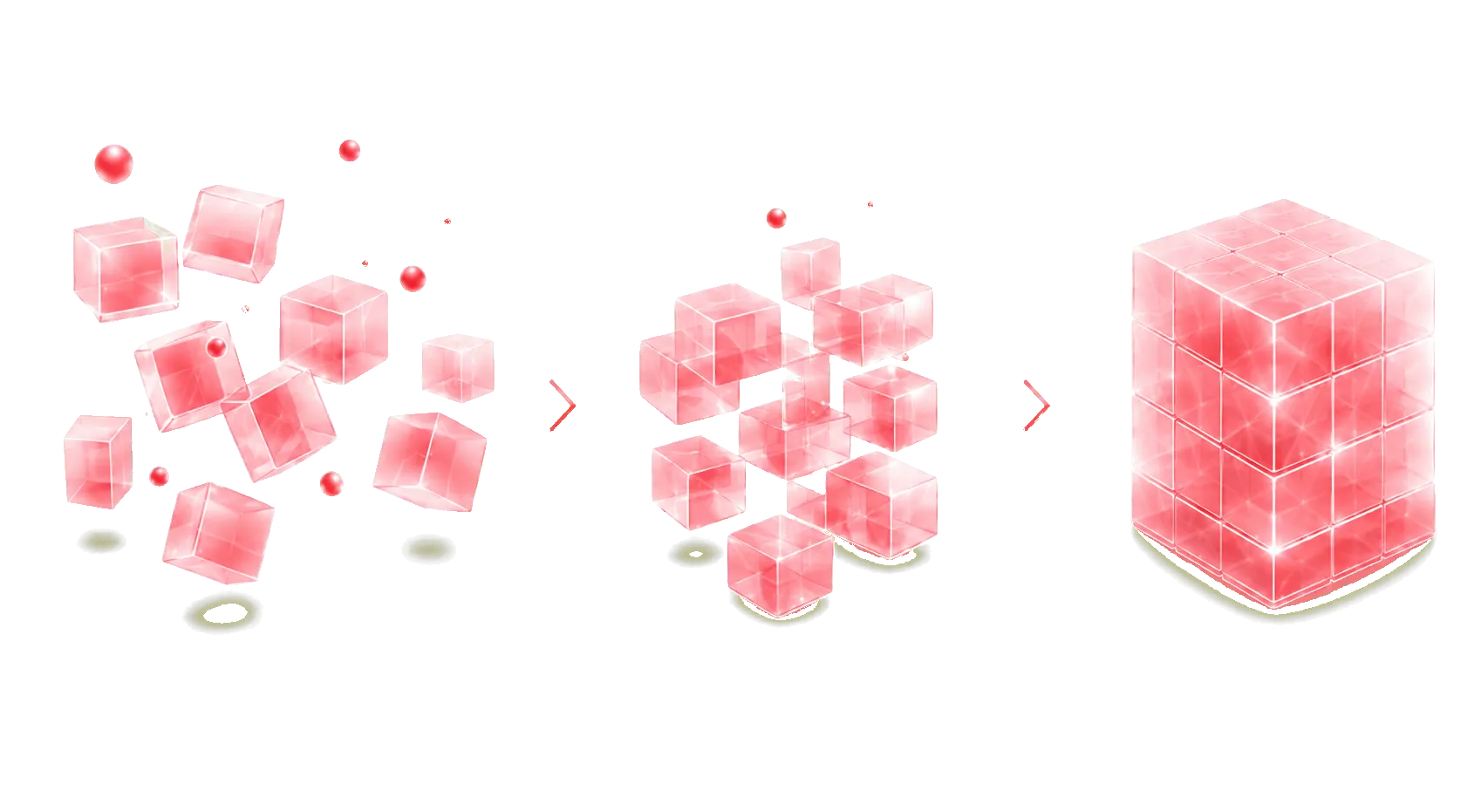 An illustration depicting the transformation of cubes, showing a progression from scattered to structured.