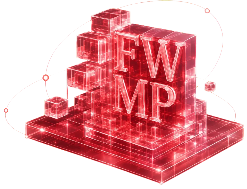 A transparent glass sculpture with the letters 'FWMP' illuminated in red.